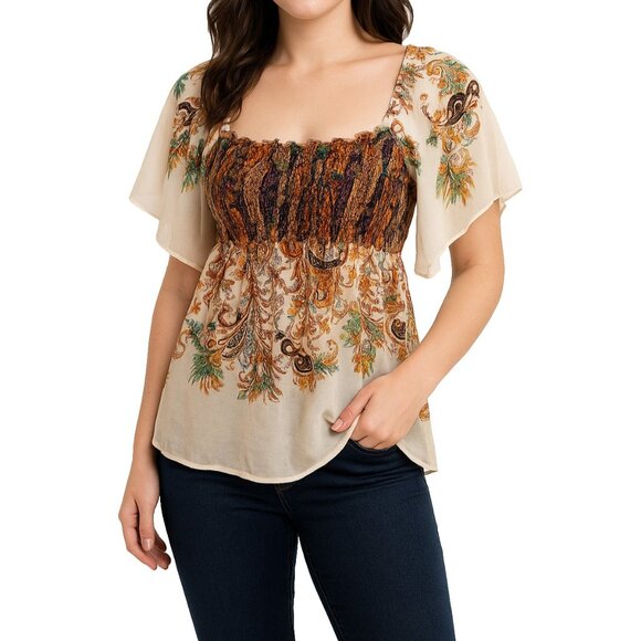 American Rag Boho Paisley Tunic Top Womens Size M Smocked Peasant Festival Flowy - Picture 2 of 11